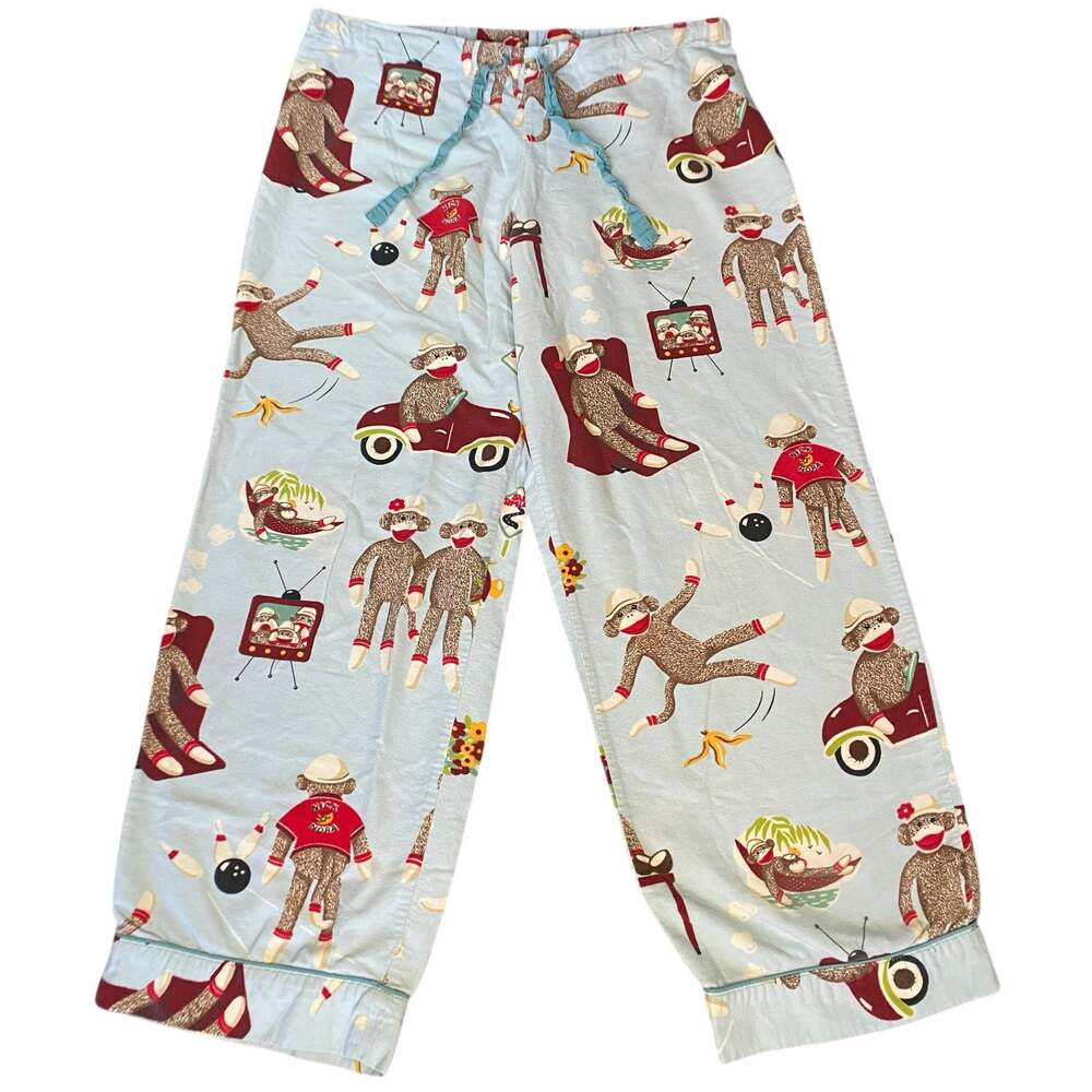Nick & Nora Pajama Pants Women M Blue Sock Monkey Flannel